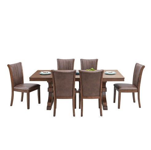 78.74″ Rectangular Rubberwood Dining Table for 6–8, Mid-Century Modern Trestle Base, Oak Finish