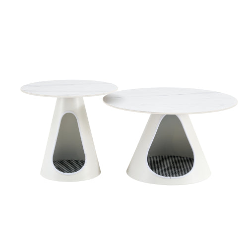 Set Of 2 Coffee Round Tables With A Marble-look Top And Steel Base With 2 Cat Beds Multifunctional And Stylish Entable