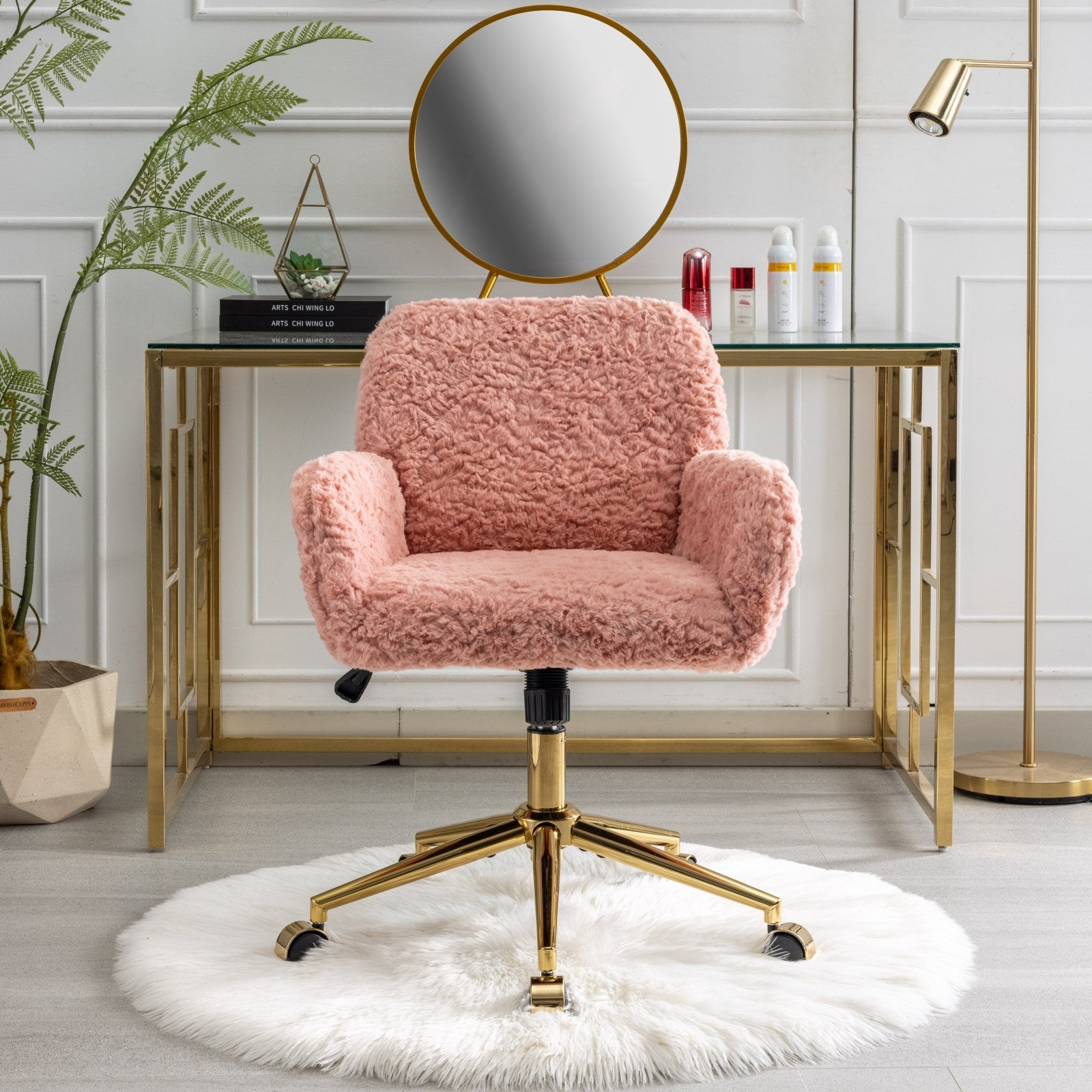 A&A Furniture Artificial Rabbit Hair Office Chair With Gold Base, Adjustable