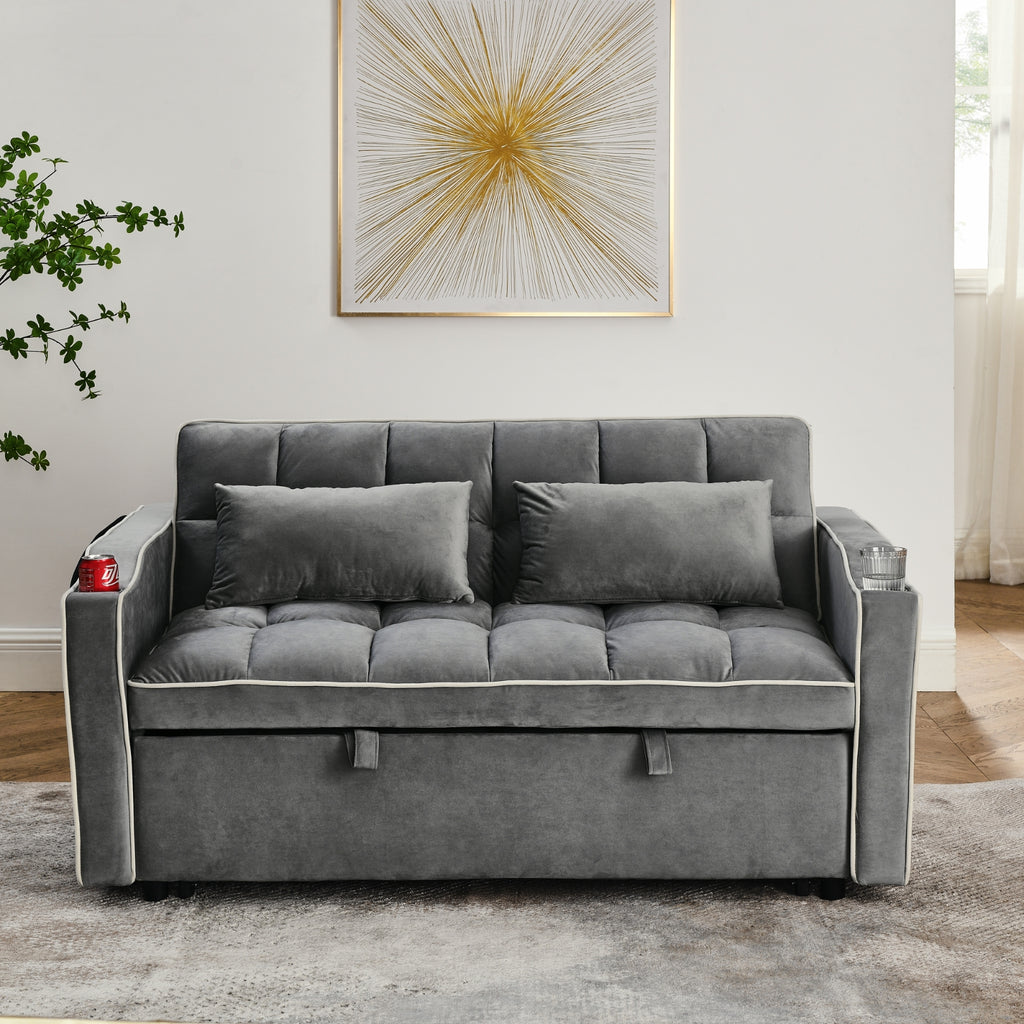 Grey Velvet Foldable Sofa Bed with Adjustable Back, USB & Pull-Out Design