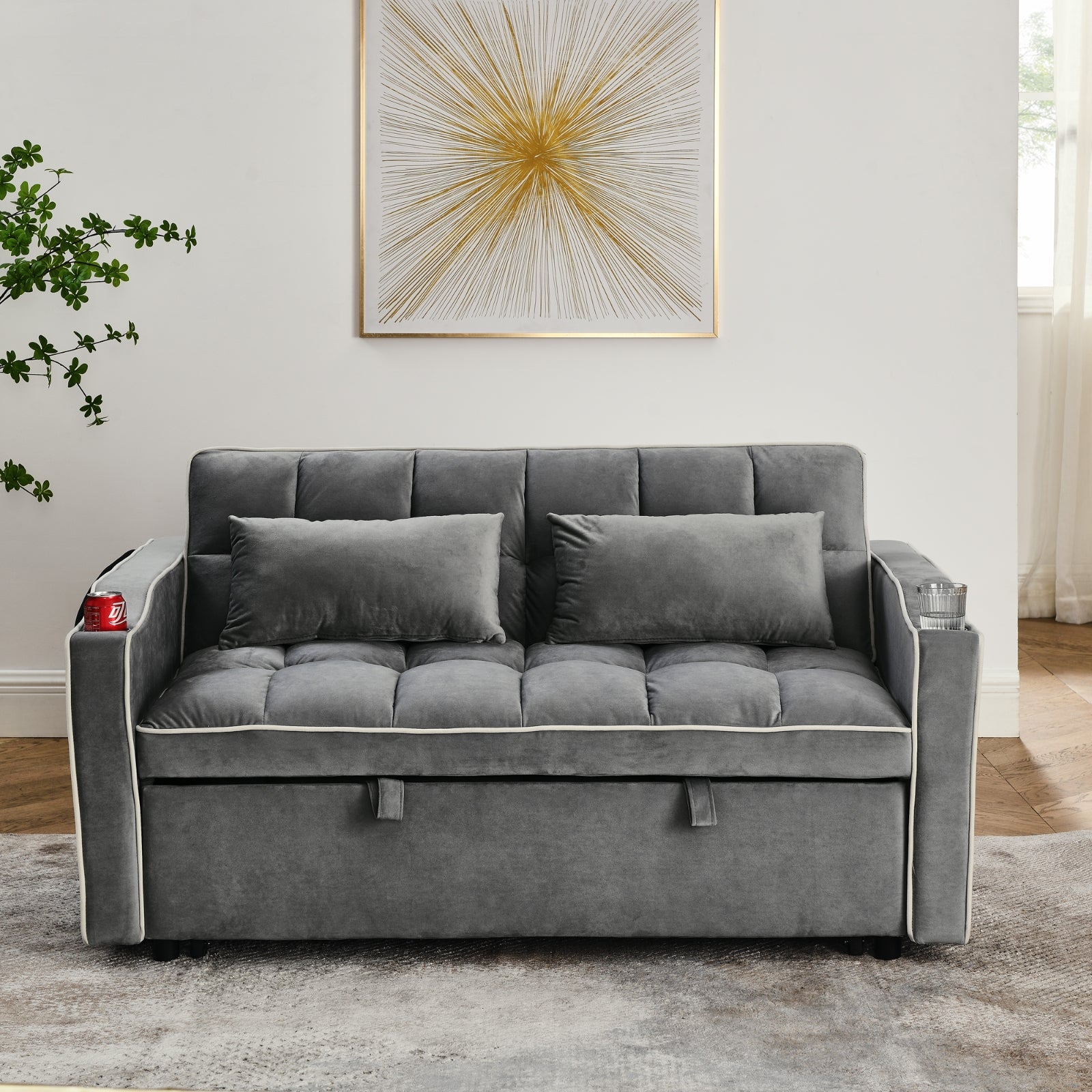 Grey Velvet Foldable Sofa Bed with Adjustable Back, USB & Pull-Out Design