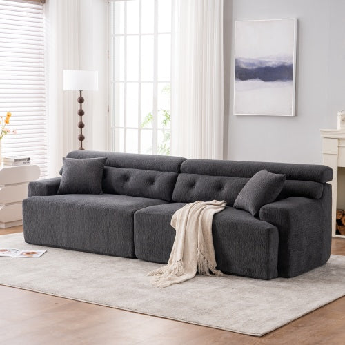 Gray 4-Seater Compression Sofa with Wood Grain Chenille & 2 Pillows
