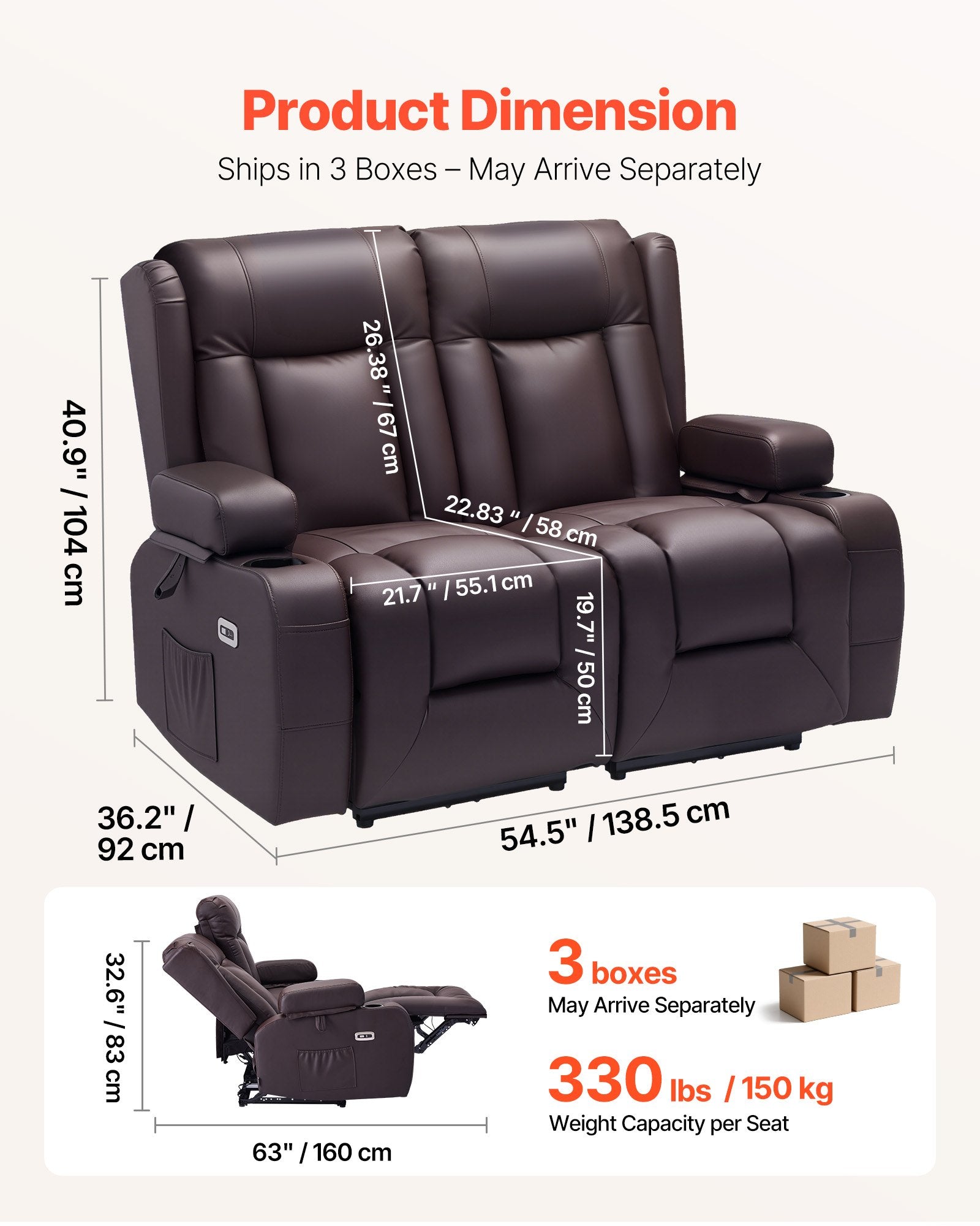 Loveseat Recliner Sofa with Power Recline, Heating & Massage, USB Ports and Cup Holders