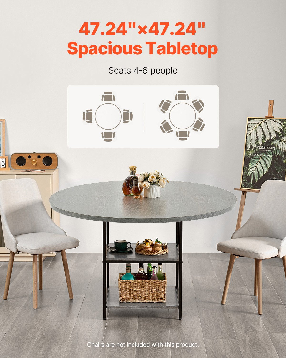 47 In Round Dining Table Wood Kitchen Table For 4-6 Person Grey (Only Table)