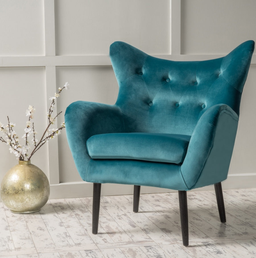 Teal Velvet Wingback Arm Chair with Tufted Mid-Century Design Upholstered