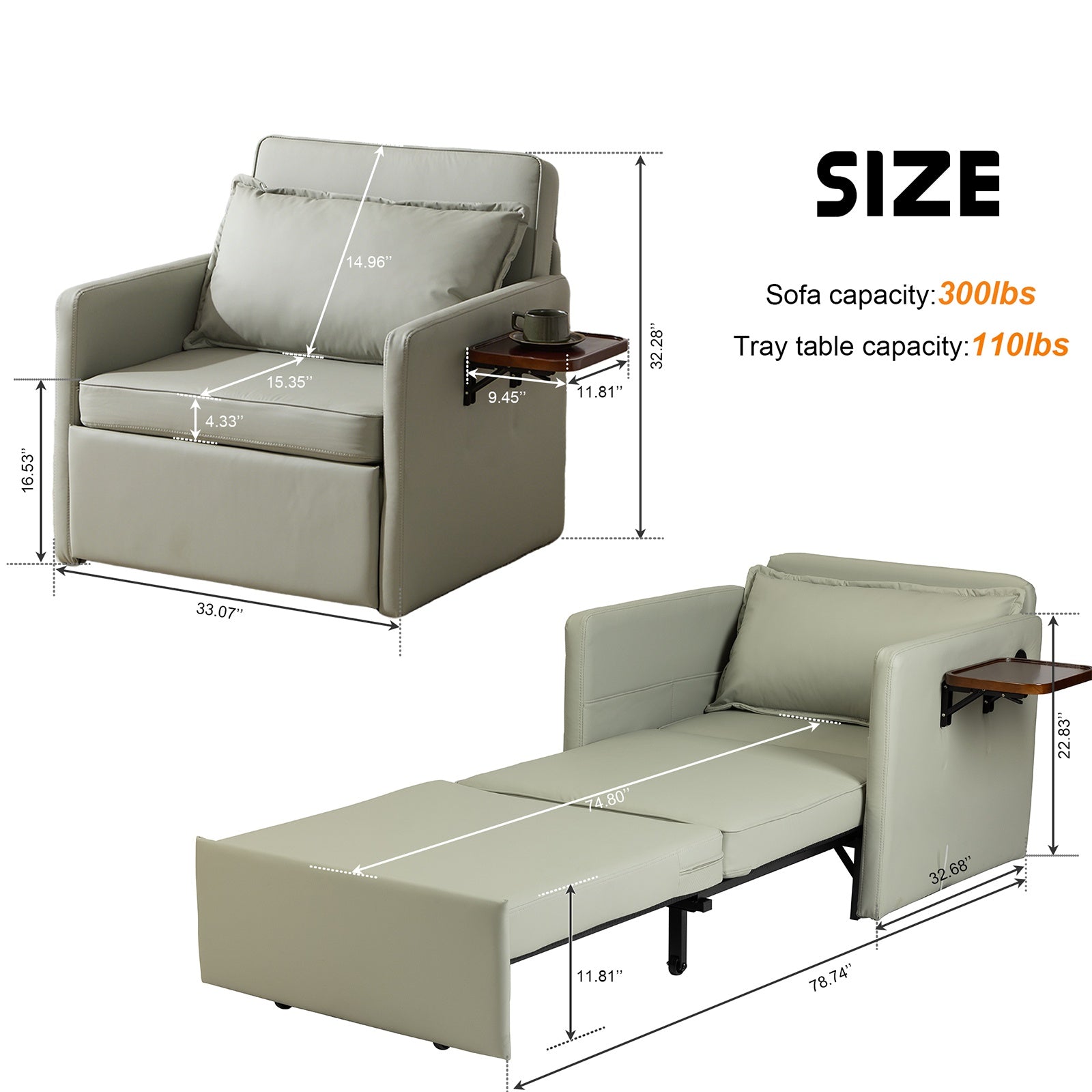 3-in-1 Convertible Sleeper Chair Bed with USB, Tray Table & Pull-Out Sofa