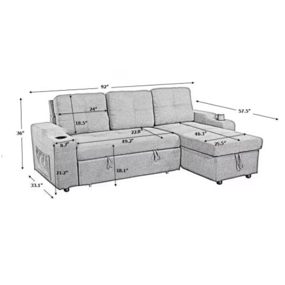 Light Grey Convertible Sectional Sofa with Armrest Storage & Pull-Out Bed