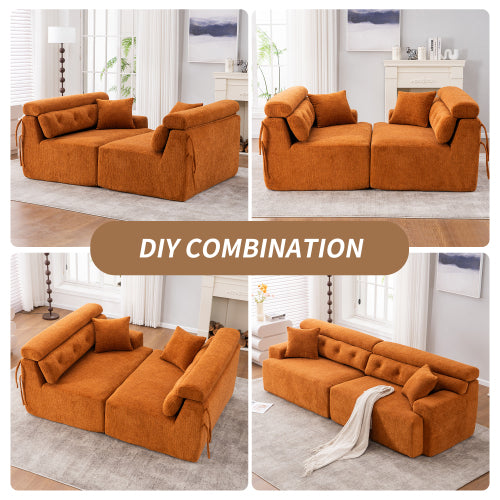 Orange 4-Seater Compression Sofa with Wood Grain Chenille & 2 Pillows