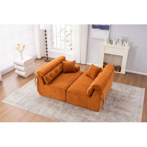 Orange 4-Seater Compression Sofa with Wood Grain Chenille & 2 Pillows