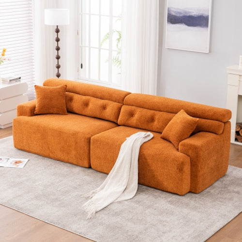 Orange 4-Seater Compression Sofa with Wood Grain Chenille & 2 Pillows