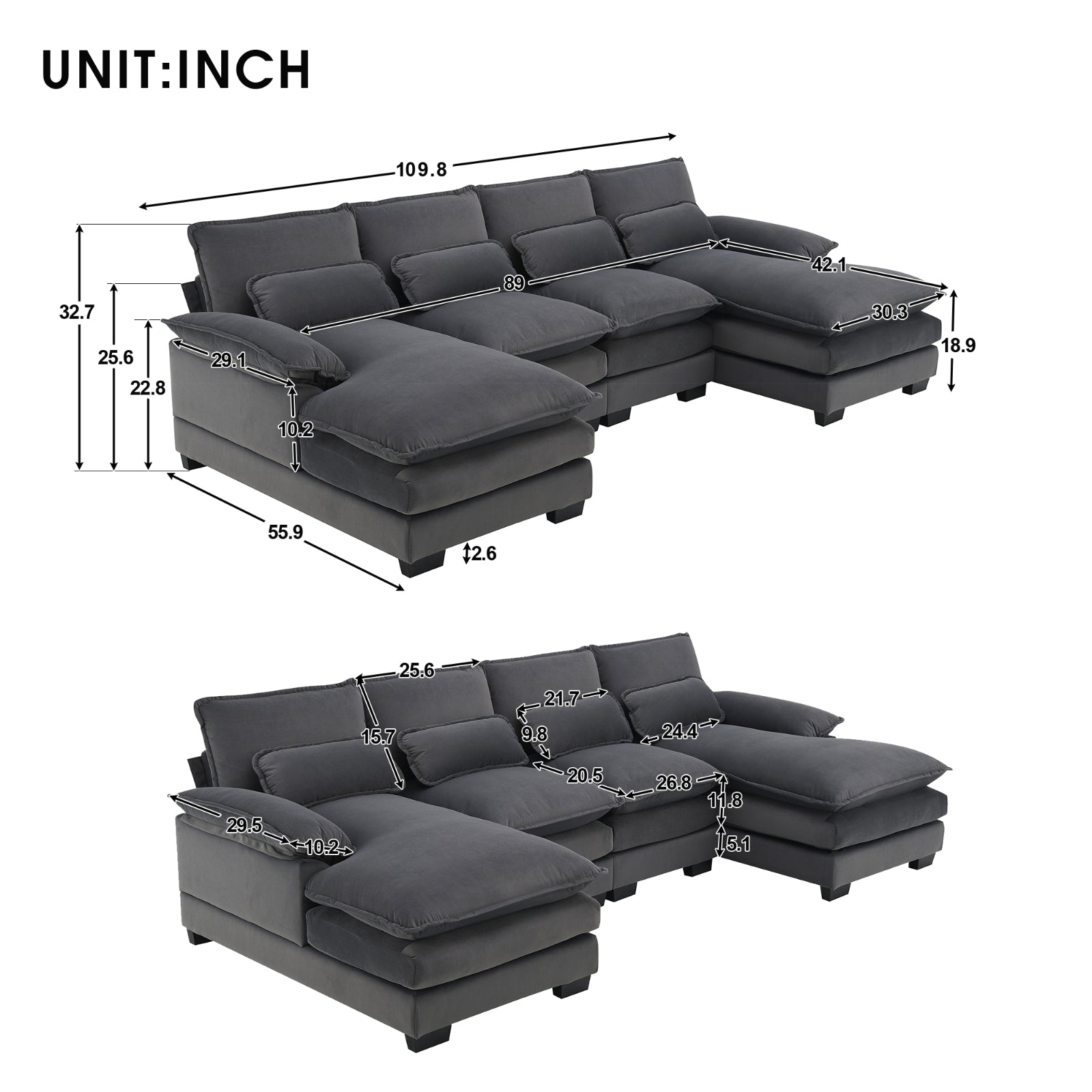 Modern U-Shaped Sectional Sofa 6-Seater with Waist Pillows, Grey Velvet