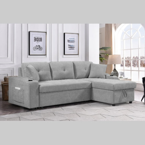 Light Grey Convertible Sectional Sofa with Armrest Storage & Pull-Out Bed