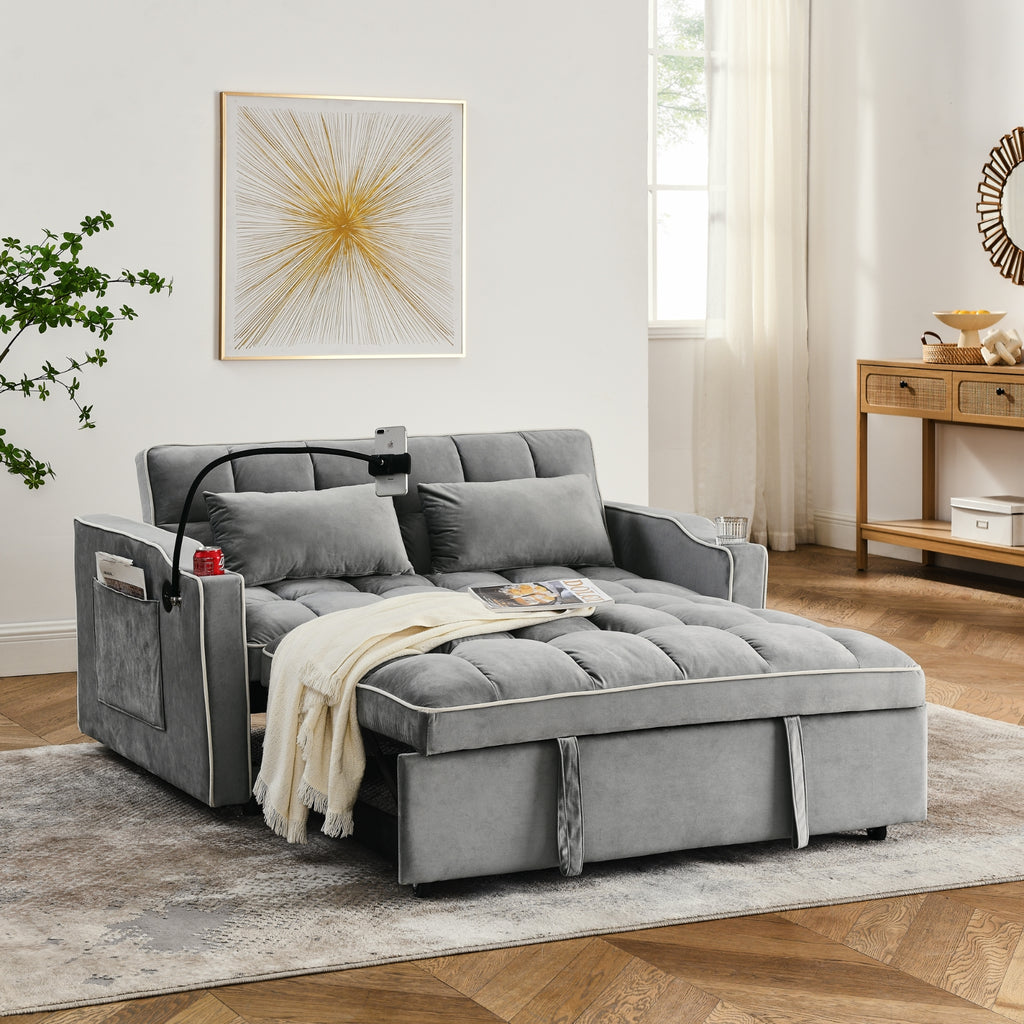 Grey Velvet Foldable Sofa Bed with Adjustable Back, USB & Pull-Out Design