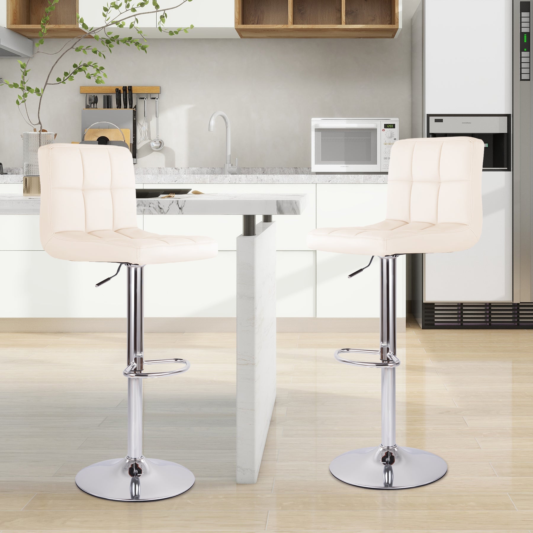 Swivel Bar Stools Set Of 2 Modern PU Leather Barstools With Midback, Adjustable Counter Height Bar Chairs