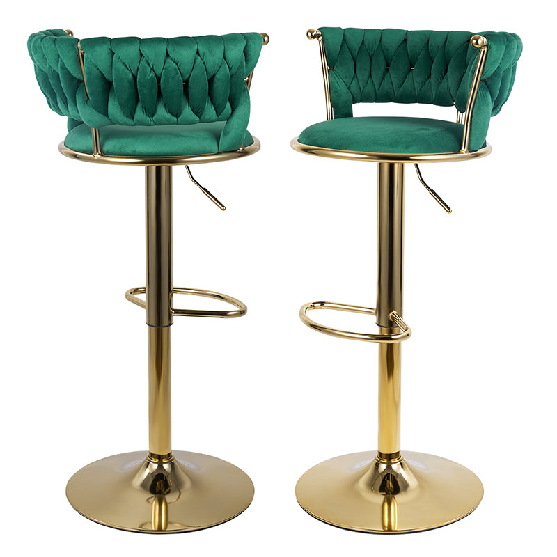 Adjustable Bar Stools Set Of 2, Woven Velvet Bar Stools With Gold Metal & Lumbar Support, Upholstered Counter Height Bar Chairs