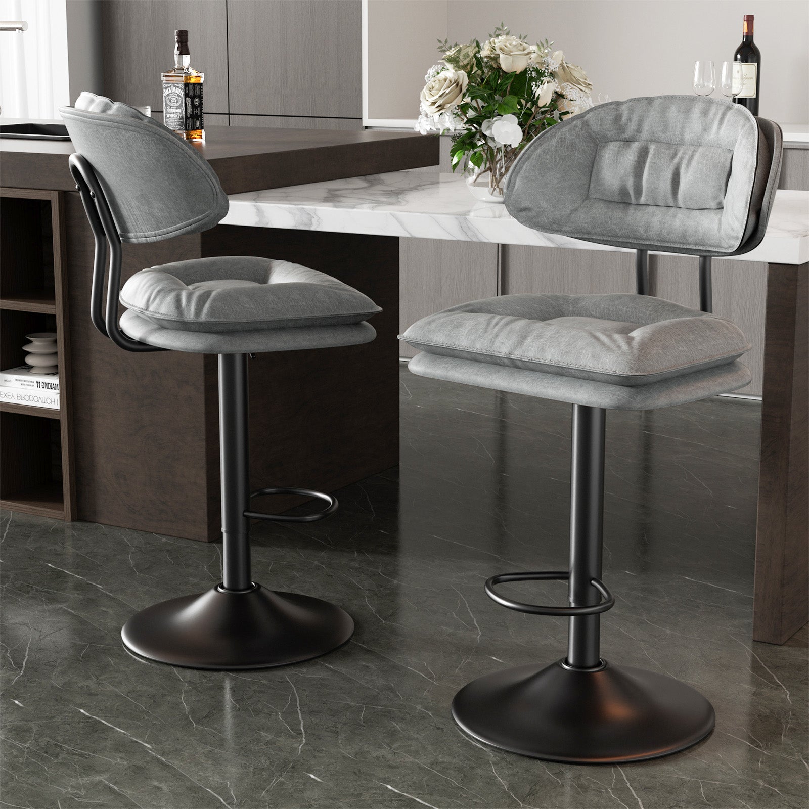 Modern Bar Stools Set Of 2, Double-Layer Adjustable Bar Stools With Back, Ergonomic Upholstered Fabric Swivel Barstools For Kitchen Island