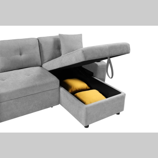 Light Grey Convertible Sectional Sofa with Armrest Storage & Pull-Out Bed