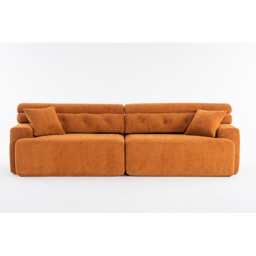 Orange 4-Seater Compression Sofa with Wood Grain Chenille & 2 Pillows