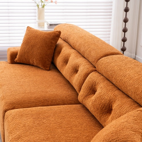 Orange 4-Seater Compression Sofa with Wood Grain Chenille & 2 Pillows