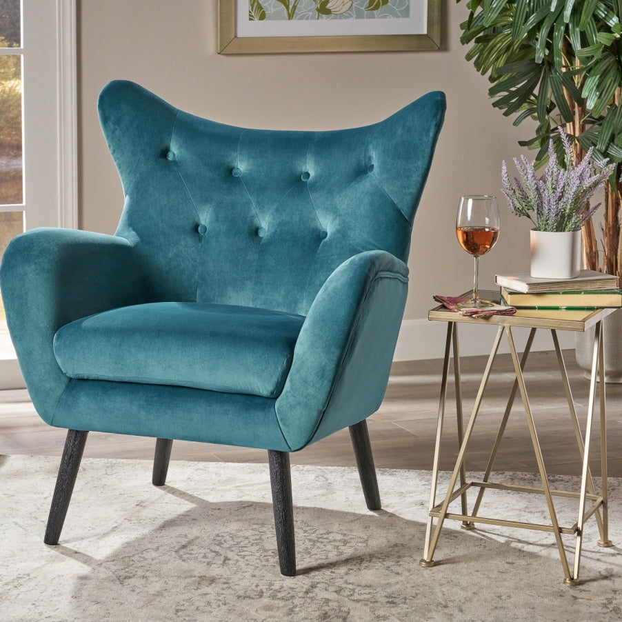 Teal Velvet Wingback Arm Chair with Tufted Mid-Century Design Upholstered