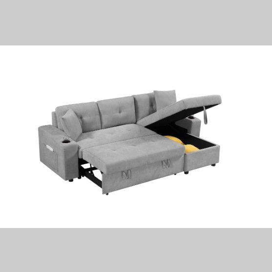 Light Grey Convertible Sectional Sofa with Armrest Storage & Pull-Out Bed