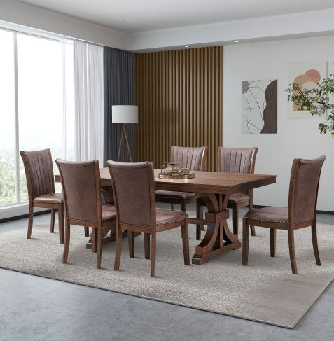 78.74″ Rectangular Rubberwood Dining Table for 6–8, Mid-Century Modern Trestle Base, Oak Finish