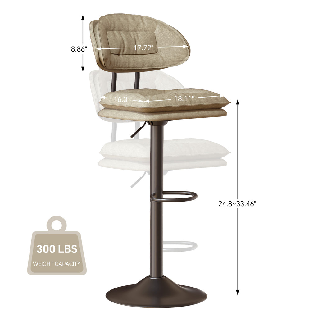 Modern Bar Stools Set Of 2, Double-Layer Adjustable Bar Stools With Back, Ergonomic Upholstered Fabric Swivel Barstools For Kitchen Island