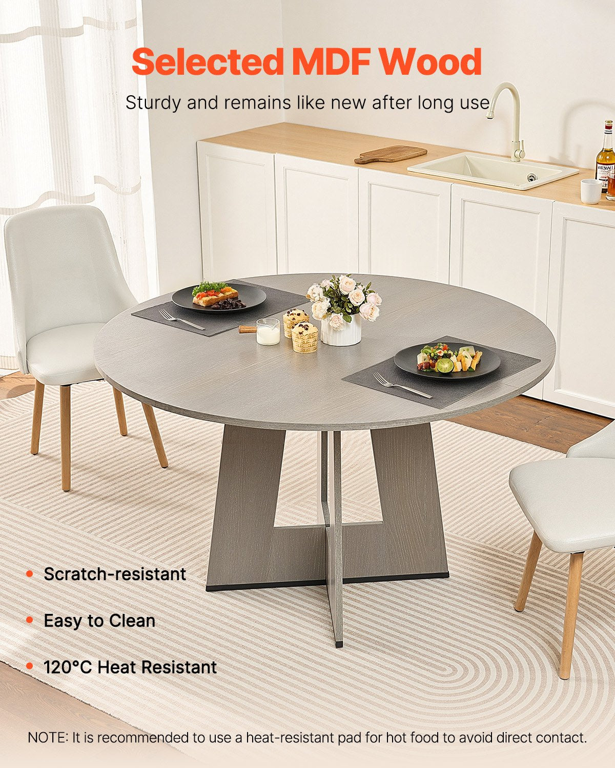 47 In Round Dining Table Wood Kitchen Table For 4-6 Person Grey (Only Table)