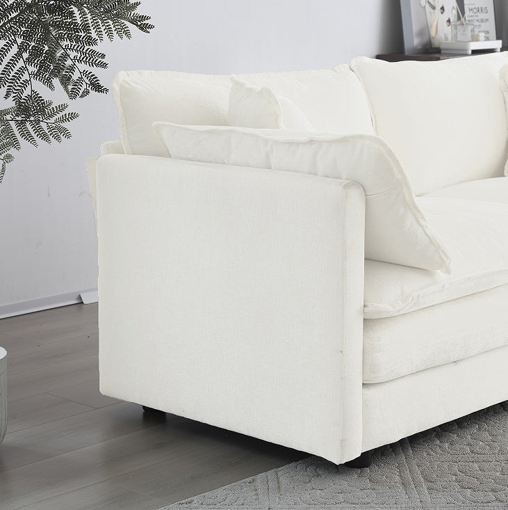 Modern Fabric Double Sofa with 4 Pillows, White Chenille Loveseat Sofa Couch