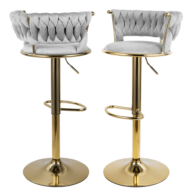 Adjustable Bar Stools Set Of 2, Woven Velvet Bar Stools With Gold Metal & Lumbar Support, Upholstered Counter Height Bar Chairs