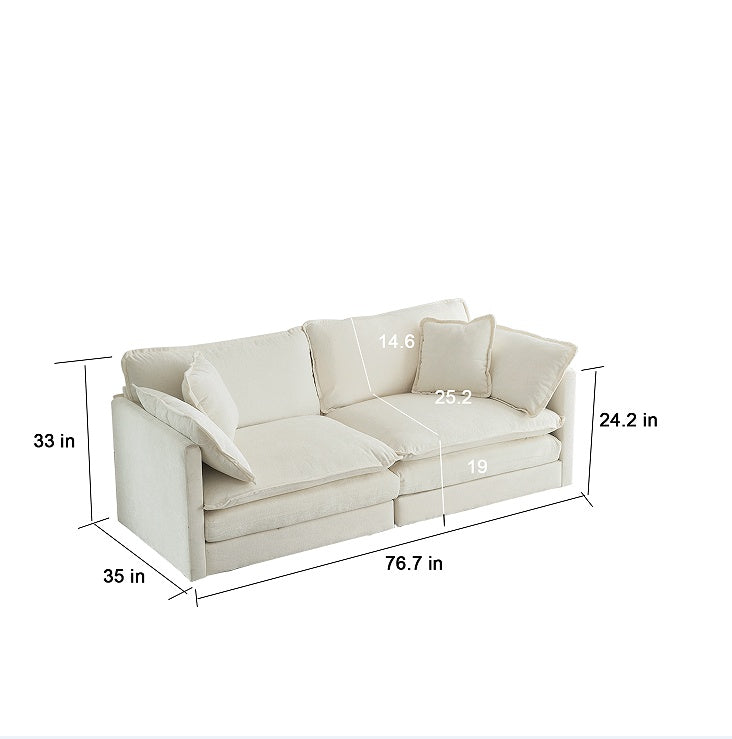 Modern Fabric Double Sofa with 4 Pillows, White Chenille Loveseat Sofa Couch