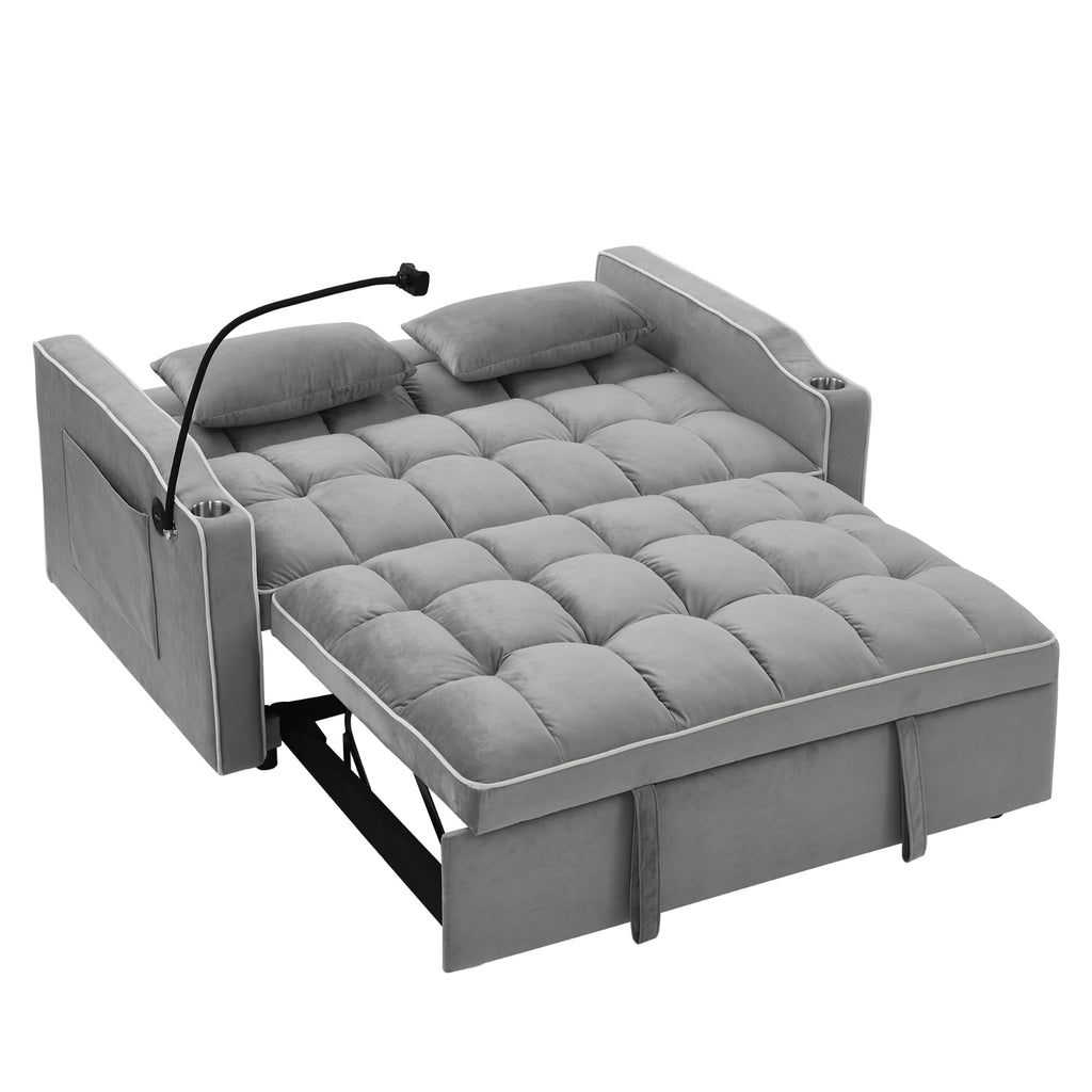 Grey Velvet Foldable Sofa Bed with Adjustable Back, USB & Pull-Out Design