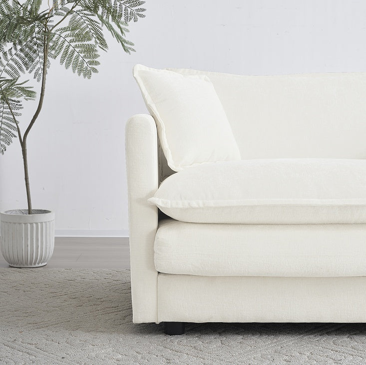 Modern Fabric Double Sofa with 4 Pillows, White Chenille Loveseat Sofa Couch