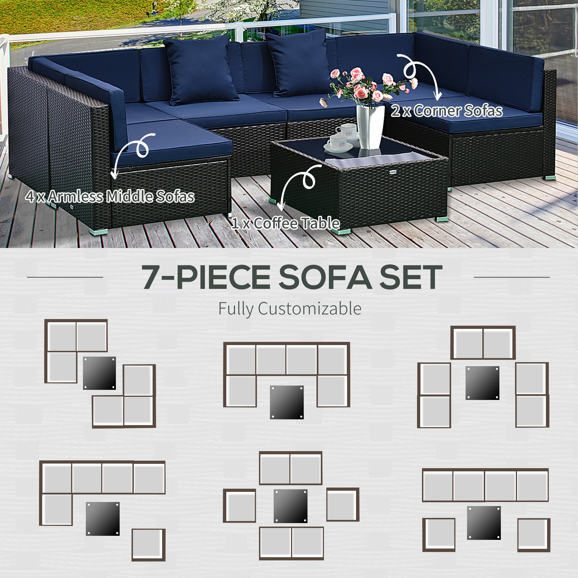 7-Piece Outdoor Rattan Patio Furniture Set with Ottoman & Glass Coffee Table – Dark Coffee Frame with Blue Cushions