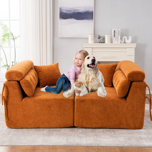 Orange 4-Seater Compression Sofa with Wood Grain Chenille & 2 Pillows