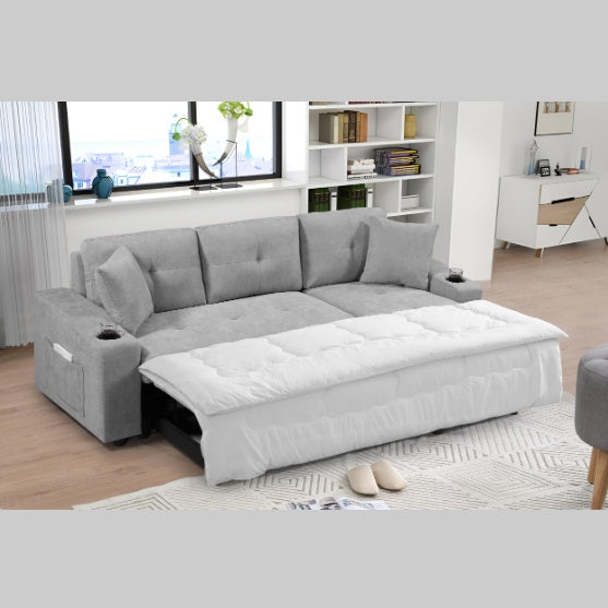 Light Grey Convertible Sectional Sofa with Armrest Storage & Pull-Out Bed