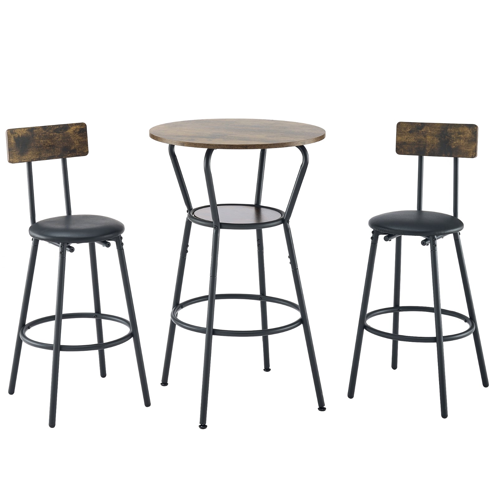 Round Bar Table And Stool Set With Shelf, Upholstered Stool With Backrest, Rustic Brown, 24.17 W X 2