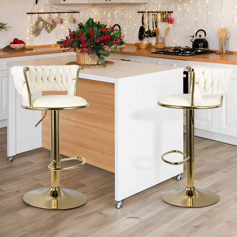 Adjustable Bar Stools Set Of 2, Woven Velvet Bar Stools With Gold Metal & Lumbar Support, Upholstered Counter Height Bar Chairs