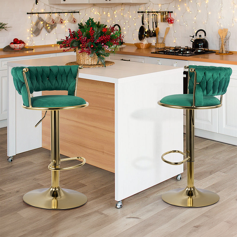 Adjustable Bar Stools Set Of 2, Woven Velvet Bar Stools With Gold Metal & Lumbar Support, Upholstered Counter Height Bar Chairs