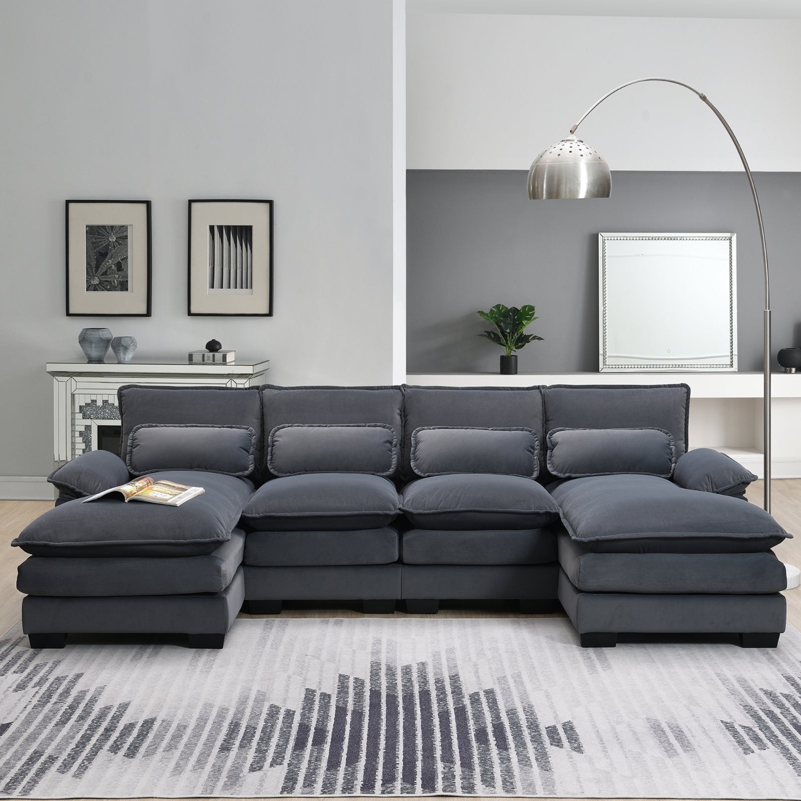 Modern U-Shaped Sectional Sofa 6-Seater with Waist Pillows, Grey Velvet