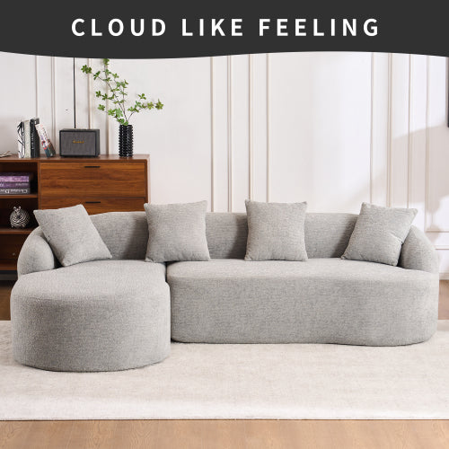 Grey 3-Seater Compression Sofa with Chaise & 4 Pillows, Chenille Fabric