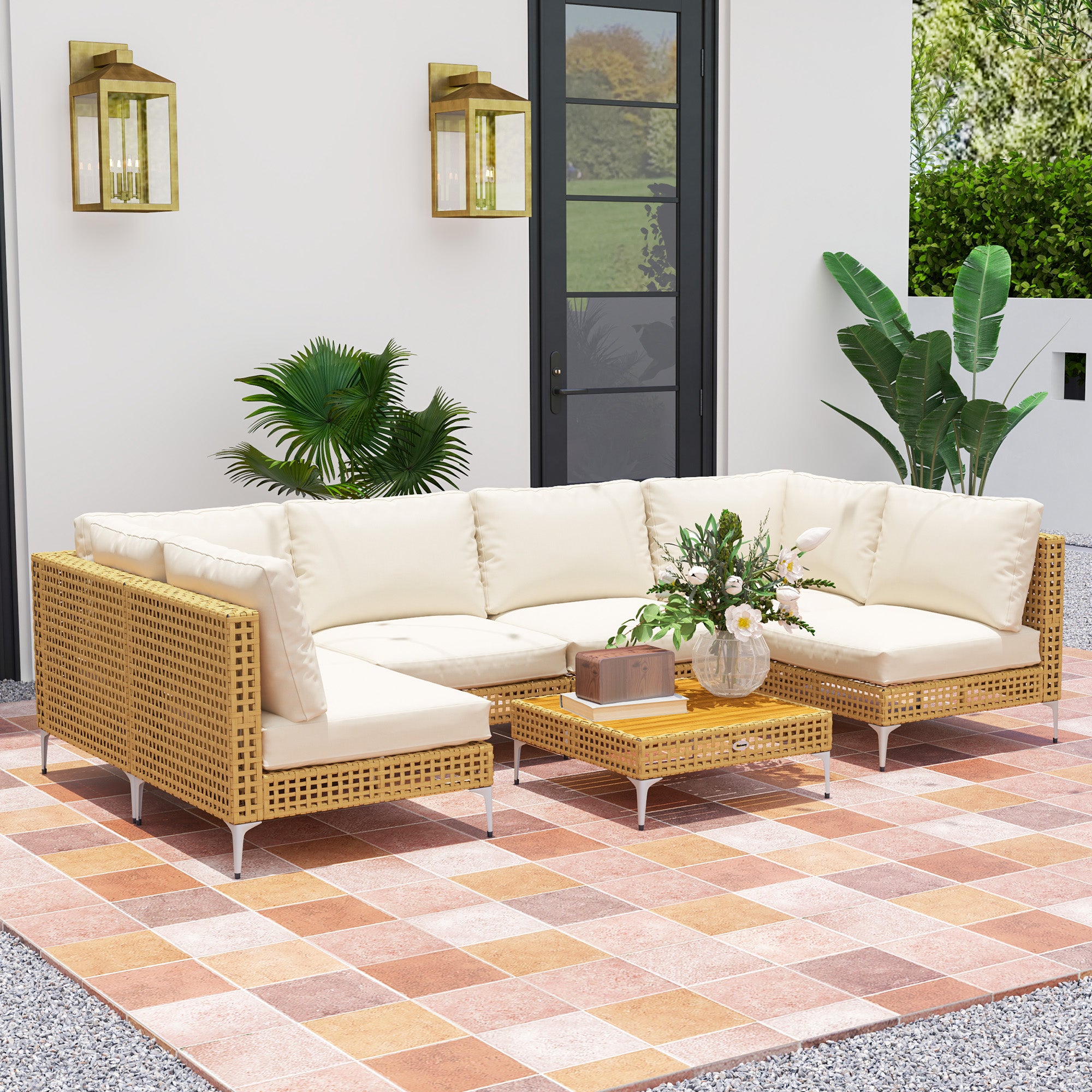 7 Piece Wicker Patio Furniture Set with Modular Sectional, Acacia Wood Table & Thick Cushions
