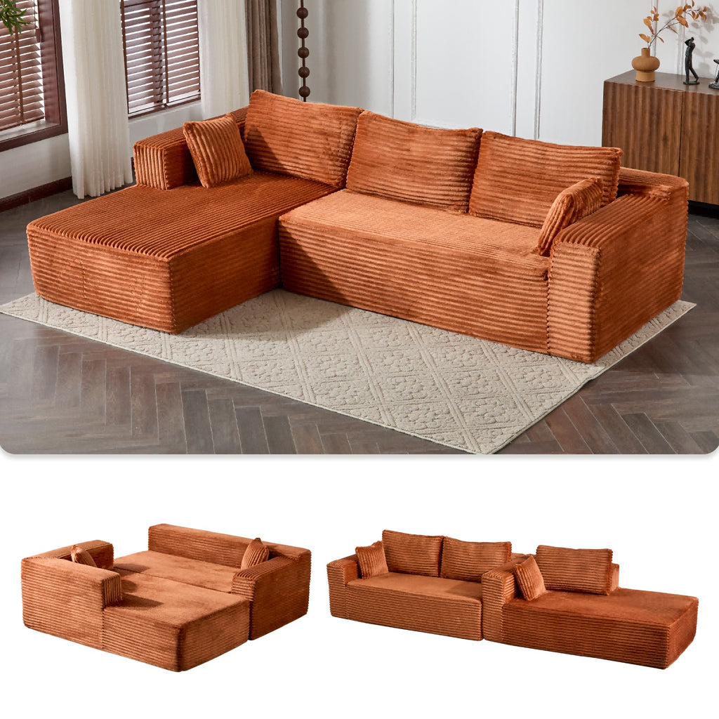 Brown Corduroy L-Shaped Modular Sectional Sofa with Chaise & Deep Seat