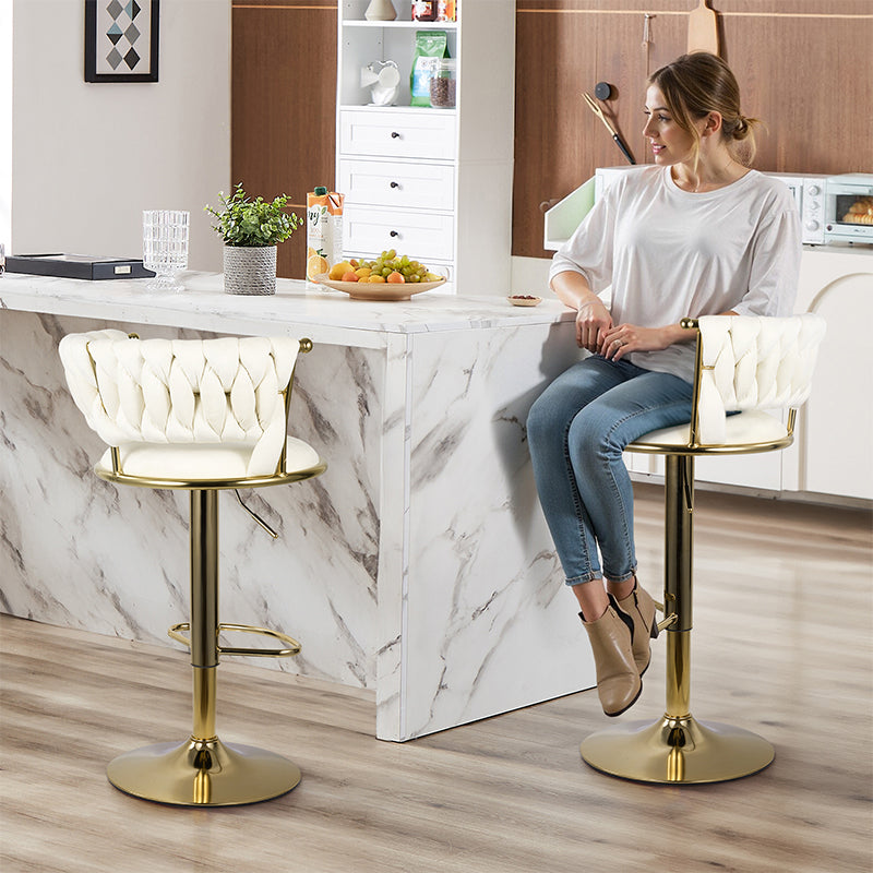 Adjustable Bar Stools Set Of 2, Woven Velvet Bar Stools With Gold Metal & Lumbar Support, Upholstered Counter Height Bar Chairs
