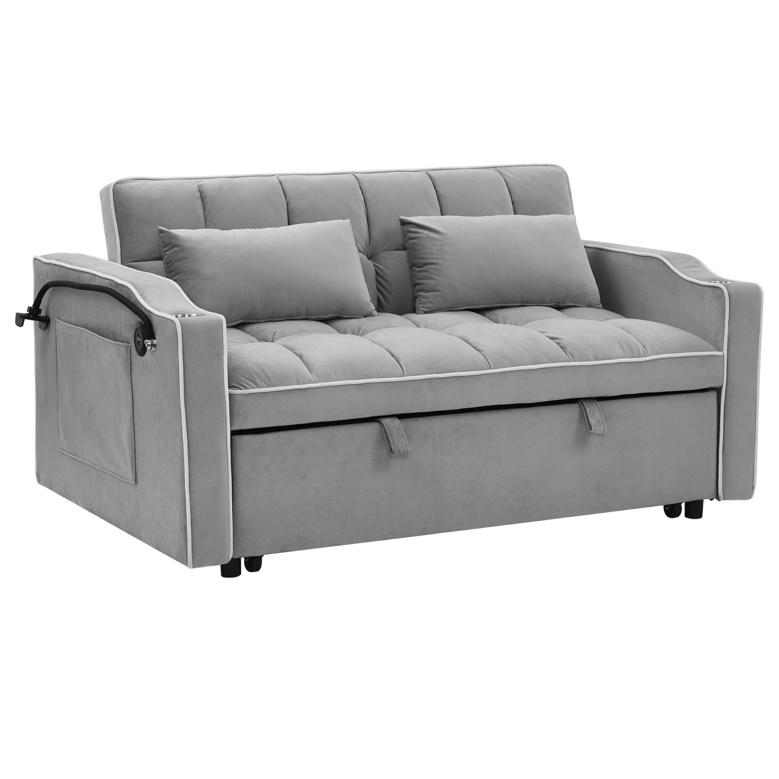 Grey Velvet Foldable Sofa Bed with Adjustable Back, USB & Pull-Out Design
