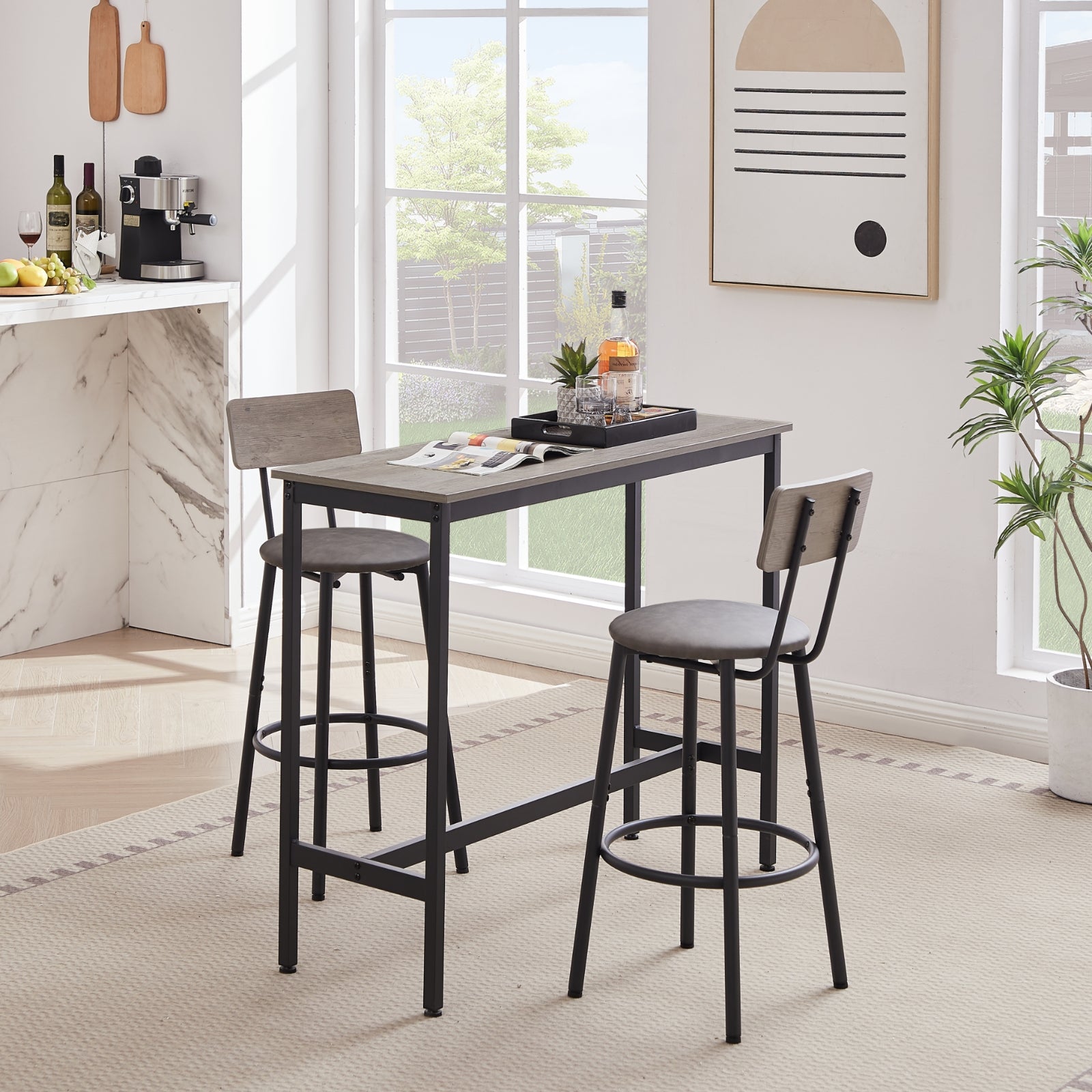 Bar Table Set With 2 Stools, PU Soft Seat & Backrest, Grey, 43.31x15.75x35.43 In