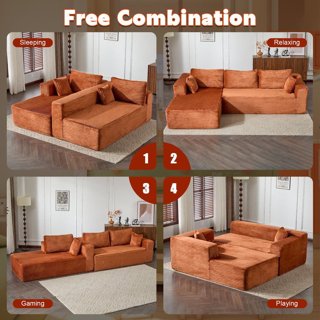 Brown Corduroy L-Shaped Modular Sectional Sofa with Chaise & Deep Seat