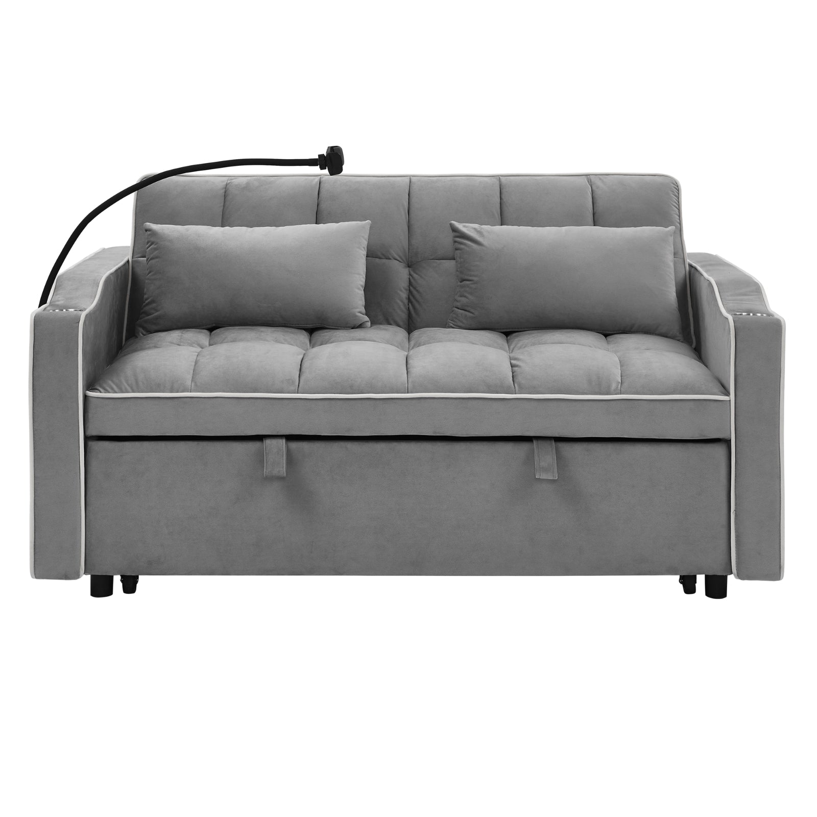 Grey Velvet Foldable Sofa Bed with Adjustable Back, USB & Pull-Out Design