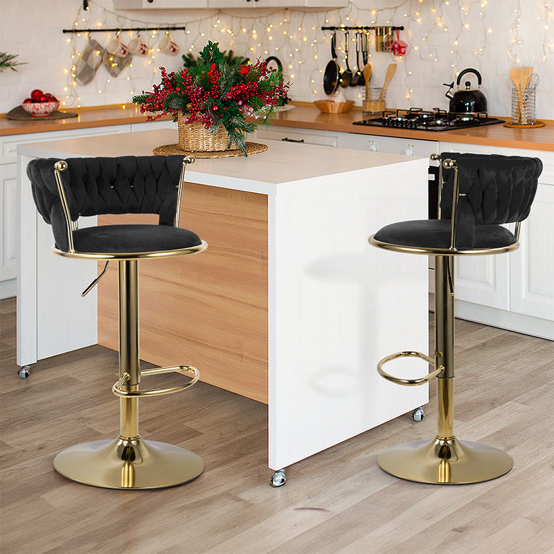 Adjustable Bar Stools Set Of 2, Woven Velvet Bar Stools With Gold Metal & Lumbar Support, Upholstered Counter Height Bar Chairs