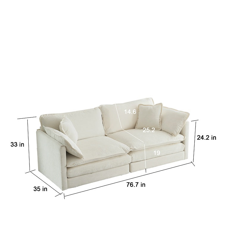 Modern Fabric Double Sofa with 4 Pillows, White Chenille Loveseat Sofa Couch